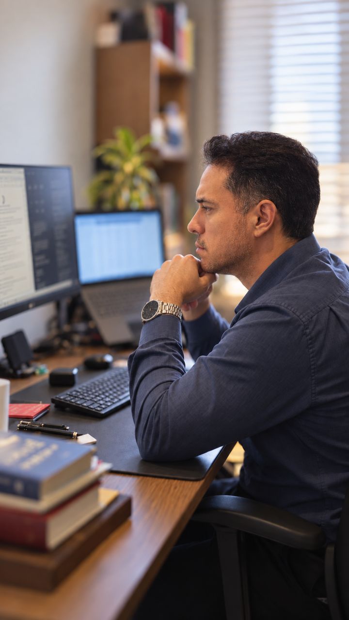 Guilherme Damasceno analisando documentos de uma empresa à mesa de trabalho